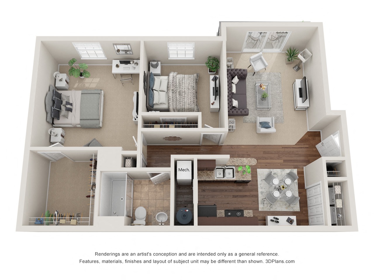 Floor plan for 2 beds, 1 bath, 975 sqft